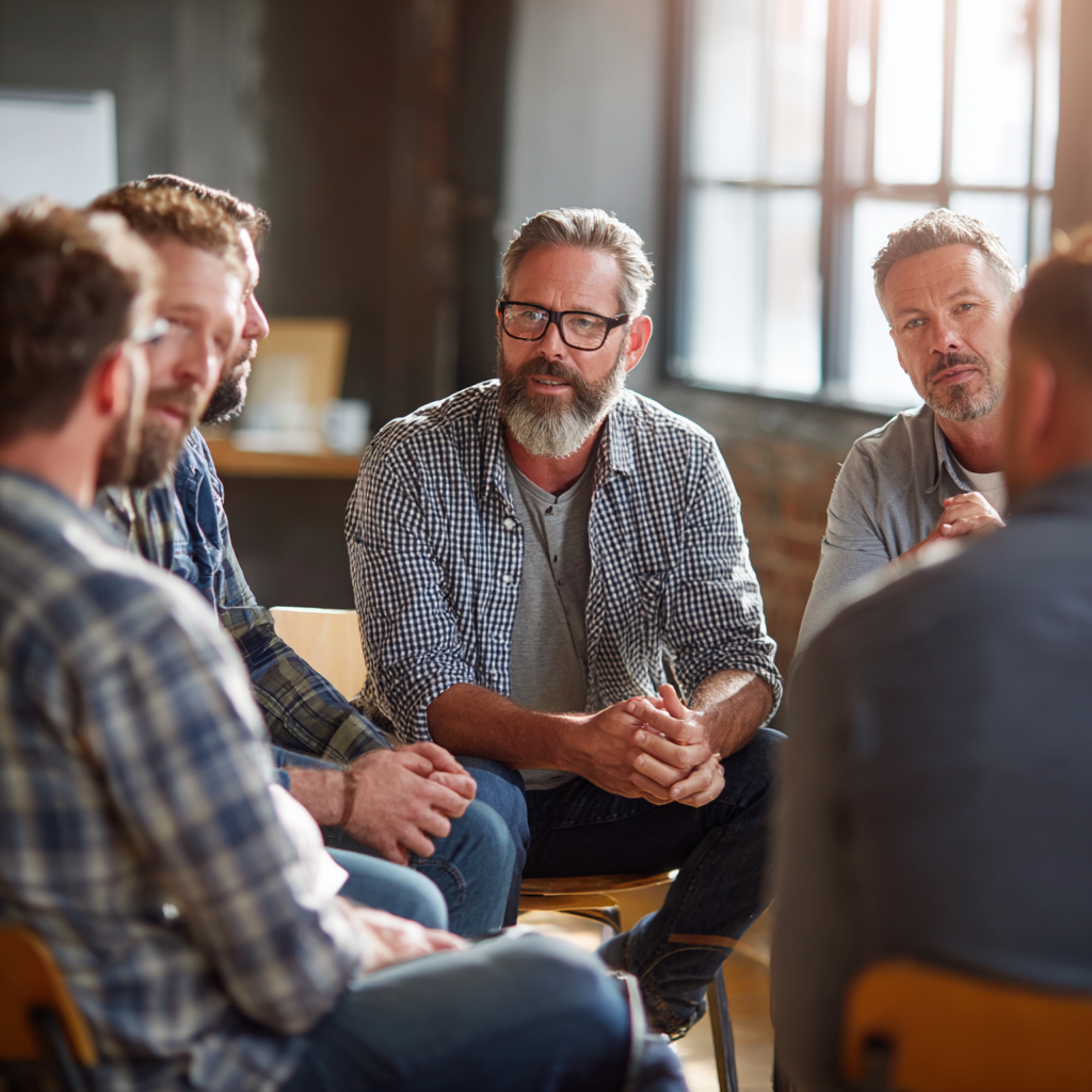 Group of middle-aged men in supportive team meeting discussing personal development goals