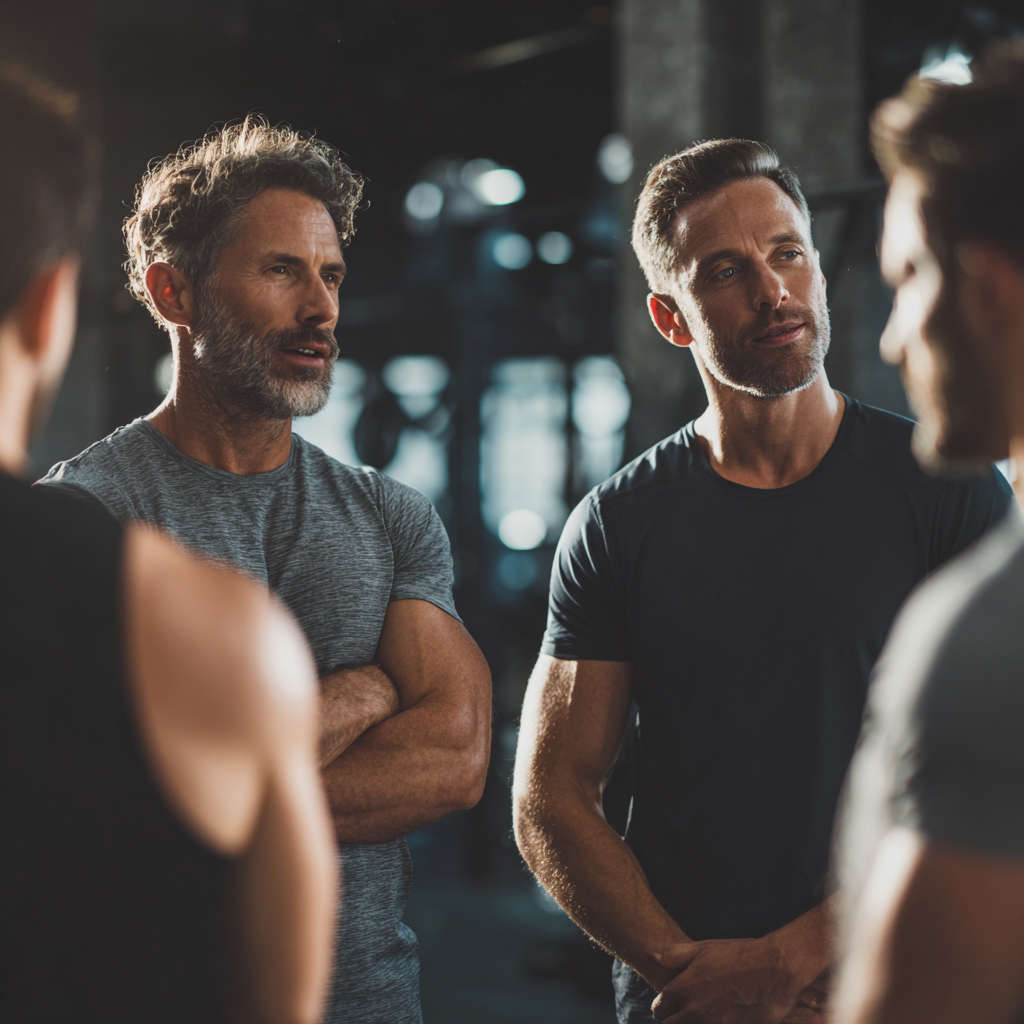 Middle-aged professional men discussing fitness goals during group training session